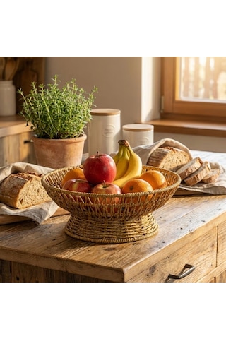 25 Cm Plastik Rattan Servis Çanağı Doğal Hasır Görünümlü Dekoratif Meyve, Ekmek Ve Sunum Kasesi 4887 Çok Rnek