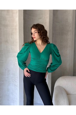 Markahit Defile V Yaka Drape Detaylı Crep Bluz Yeşil