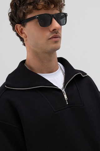 Vamos Basic Fermuarlı Dik Yaka Sweatshirt Siyah