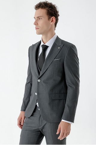 Morven Erkek Siyah Poliviskon Trend Yelekli Desenli Slim Fit Sivri Yaka Takım Elbise 24mc001008001 Siyah