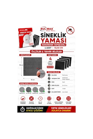 Kendinden Yapışkanlı Sineklik Yaması 4 Adet 10x10 Cm Sineklik Tamir Bandı Delik Yırtık Onarım Yaması