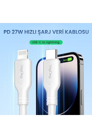 Veggieg 27w Type-c To Lightning İphone İpad Uyumlu Pd Hızlı Şarj Ve Data Kablosu 1.2 Metre