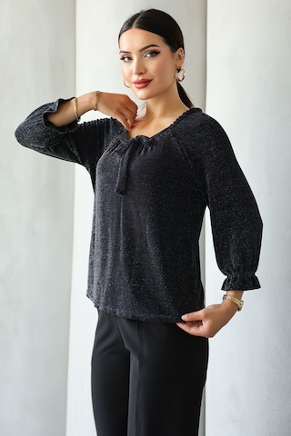 Lupinn Moda Kadın Siyah Simli/taşlı/parlak/ışıltılı Bağlama Detaylı Uzun Kollu Bluz Zarif Tasarım, Şık Ve Rahat Kombinler İçin Siyah