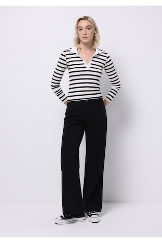 Colin's Colins Slim Fit Polo Yaka Çizgili Kadın Siyah Uzun Kol Tişört Cl1075895 Q1.v1 Blk SIYAH
