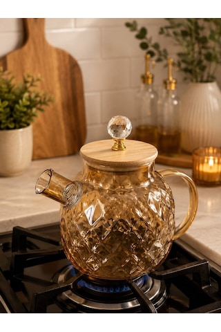 Qerhome Ateşe Dayanıklı Borosilikat Cam Demlik 1500 Ml Bambu Kapaklı Amber Cam Sürahili Çaydanlık Dh-41