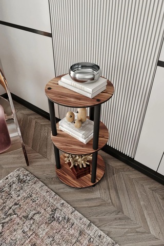 3 Katlı Dekoratif Yuvarlak Kitaplık Ceviz Ceviz