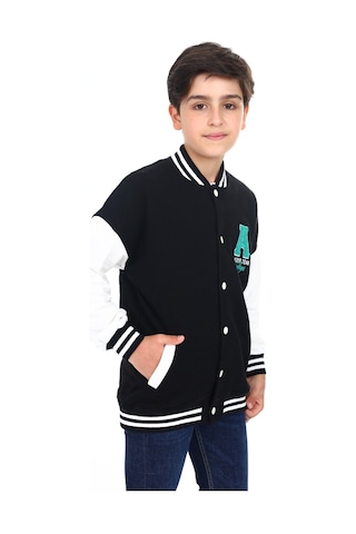 Toontoy Kids Toontoy Erkek Çocuk Kolej Yaka Çıtçıt Kapama Cepli Düşük Omuz Nakış Baskılı Renk Bloklu Örme Hırka - 2 İplik Şardonlu Siyah