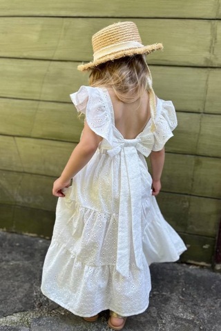 Noble Kids Kız Çocuk Fiyonk Detaylı Brode Fistolu Elbise Beyaz