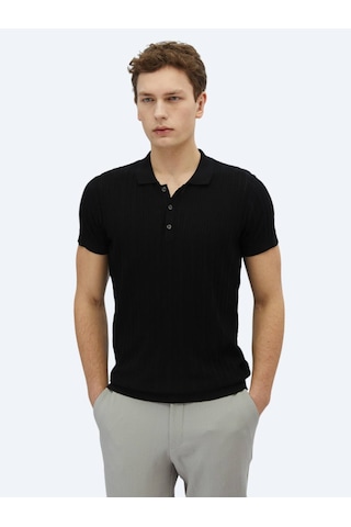 Kip Siyah Polo Yaka Desenli Triko Siyah
