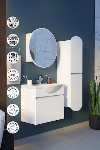 Makbulce Erciyes Havlu Dolaplı 65cm Seramik Lavabolu Mdf Oval Aynalı Banyo Dolabı Beyaz