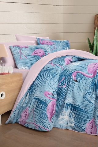 Mystory Home Lastikli Çarşaflı Çift Kişilik Nevresim Takımı Flamingo Mor - Pembe