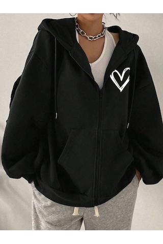 Relax&Basic Ünisex Basic Slim Fit Kapüşonlu Fermuarlı Cepli Sweatshirt Nar Çiçeği Siyah Siyah