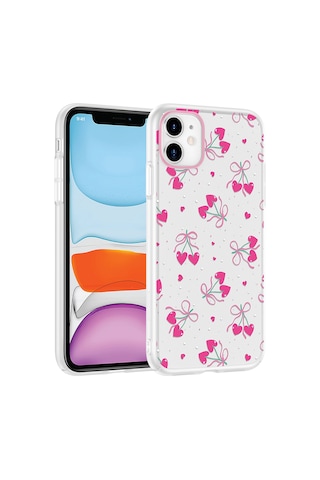 Apple Uyumlu iPhone 11 Kılıf Kamera Korumalı Desenli Zore Klip Kapak - Kalpli Kiraz -