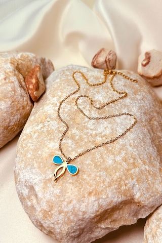 Yusufcuk Tasarım Mavi Taşlı Gold Altın Renk Paslanmaz Çelik Kadın Zincir Kolye