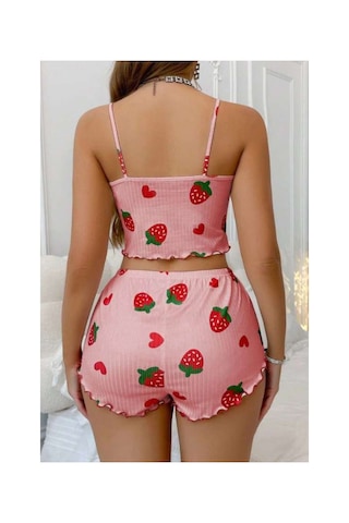 Royaleks Çilek Desenli Crop Askılı Şort Yazlık Pijama Takımı Ryl - S-49 Çok Renkli