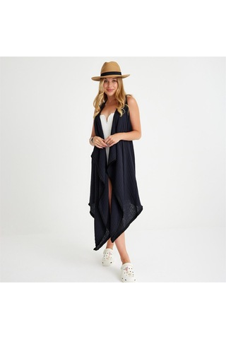 Pamuklu Dokuma Kemerli Püsküllü Plaj Elbisesi - Standart Siyah