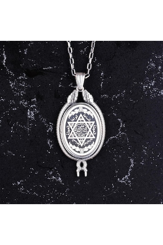 925 Ayar Gümüş Kolye - Davud Yıldızı Aksesuarı İle Yılan Detaylı Kolye Gümüş