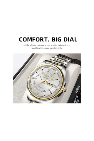 Yashıdun 5063 Çelik Kayış Şık Çift Kuvars Saat Aydınlık Takvim Bilek Saati - Beyaz Kadran / Gümüş+altın Kayış / Kadın