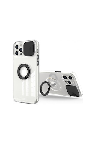 More Tr Ally İphone 12 Pro 6 1inç Kılıf Sürgülü Kamera Lens Korumalı Yüzük Standlı Silikon Kılıf Siyah