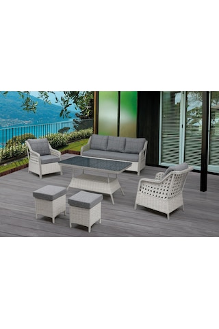 Tu Tienda Ronda 3+1+1+2puf+masa Rattan Bahçe Balkon Mobilyası Beyaz