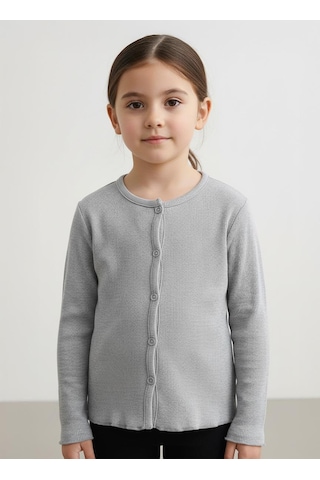 Kız Çocuk Fitilli %100 Pamuklu Düğmeli Hırka Gri