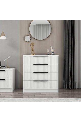 Kale Şifonyer 4 Çekmeceli Çizgili Mebran Beyaz