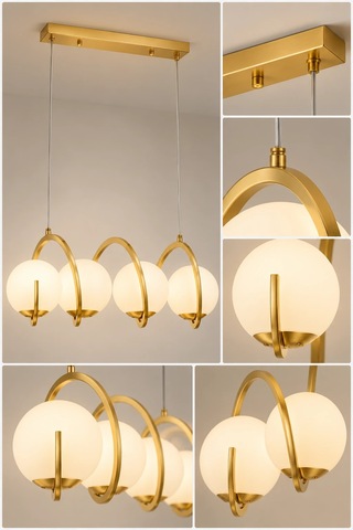 Modern Premium Gold 4'lü Sarkıt Avizesi Ampül Hediyeli Küreli Lüks Salon Mutfak Modelleri E14 Duy