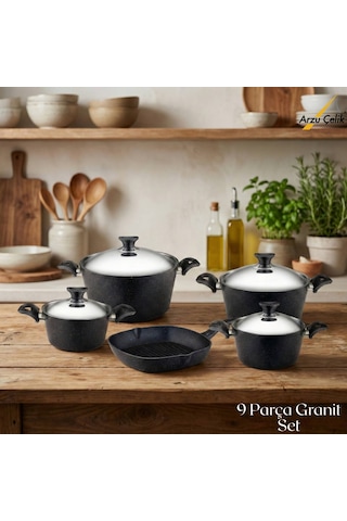 9 Parça Granit Set Çelik Kapak - Siyah Siyah