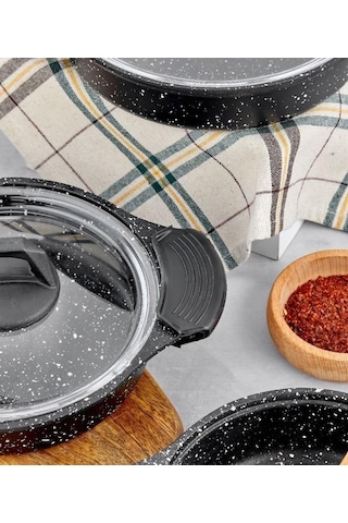 Eda Zk-900 Döküm Granit 3'lü Sahan Seti Siyah 6 Adet Silikon Tutamaç Hediyeli