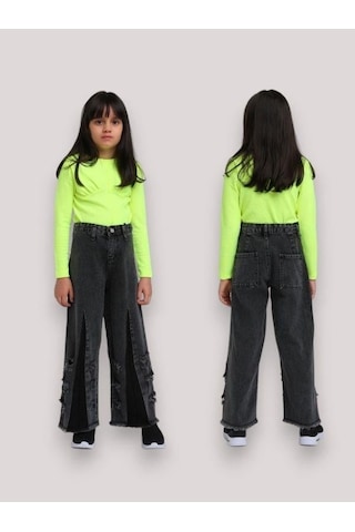 Escabel Kız Çocuk Yüksek Bel Bol Paça Yırtık Detaylı Mom Jean-13660-füme Füme