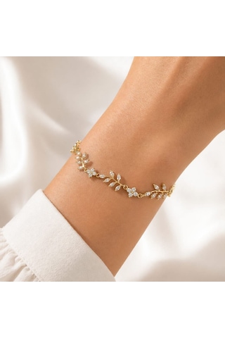 Cm Jewelry Zirkon Taşlı Çiçek Bileklik Gold Zarif Kadın Bileklik Altın