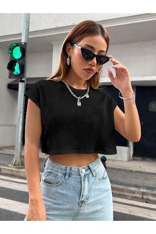 Bisiklet Yaka Düşük Kol Crop T-şhrt Siyah