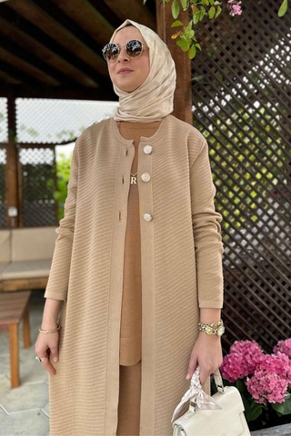 Rabia Şamlı Sinem Çelik Örme Triko Hırka Bej Normal