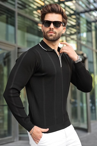 Madmext Siyah Polo Yaka Yarım Fermuarlı Fitilli Erkek Triko Kazak E7515