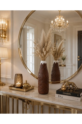 El Yapımı Dekoratif Vazo 26 Cm Kırılmaz Kahverengi Modern Salon Konsol Pampas Vazosu Beyaz - Kahverengi