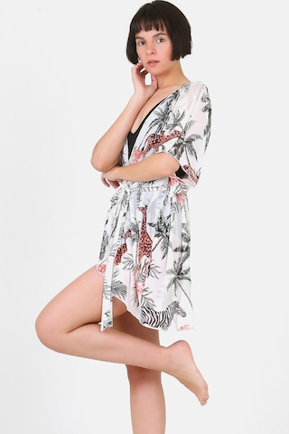 Pareo Plaj Elbisesi Kimono Std Yazlık Oversize Tül Gömlek Kemerli Elbise Tropikal Beyaz