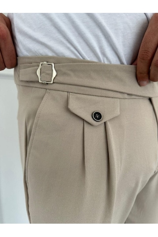Erkek Bel Toka Detaylı Pileli Old Money Pantolon Bej
