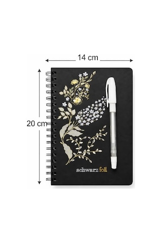 Schwarz Foil Siyah Sayfalı Sert Kapak Spiral Defter, Beyaz Kalem Hediyeli, 60 Sayfa, 14 20 Cm, Gold, Beyaz Folyo Çiçek Desenli Siyah Kapak, Tam Açılabilir Spiral Cilt, Günlük Not İçin Premium Defter 124-Pembe