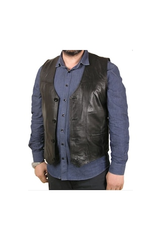 Hakiki Deri Siyah Calvin Düğmeli Erkek Deri Yelek Kahverengi