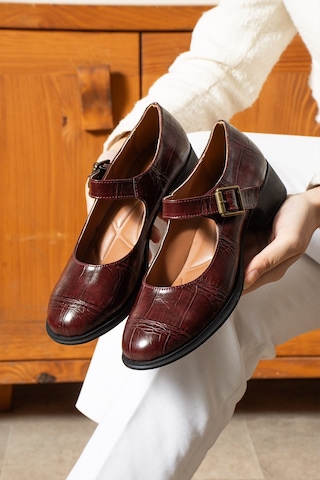 Dabab Shoes Clarıssa Kadın Bordo Ortopedik 4 Cm Topuklu Tokalı Yuvarlak Burun Balerin Babet Klasik Ayakkabı