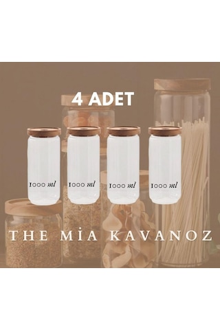 The Mia Ahşap Kapaklı 4 Lü Büyük Boy Cam Saklama Kabı 1000 Ml Cam0315