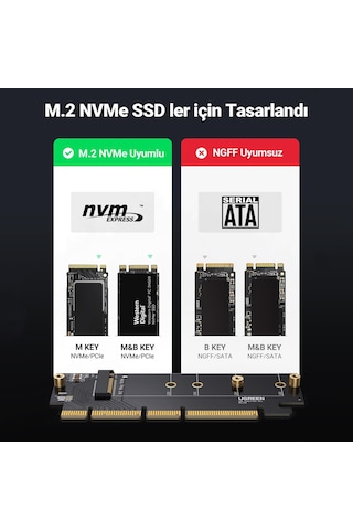 Ugreen PCIe 4.0 x4 x8 x16 Uyumlu 64Gbps NVMe M.2 SSD Dönüştürücü Adaptör