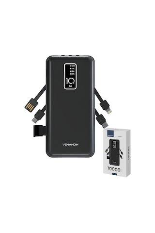 Venandin Pwb10c1 10.000 Mah Powerbank 4 Ü 1 Arada Entegre Kablolu Led Göstergeli Taşınabilir Şarj Cihazı Siyah