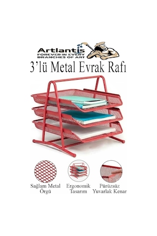 Kırmızı Metal Evrak Rafı 3 Lü Ve Masaüstü Kalemlik 3 Lü 1 Paket Masaüstü A4 Dosya 3 Katlı Düzenleyici Kağıt Tepsisi