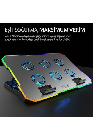 Inc-618gms 6 Fanlı Rgb Laptop Soğutucu Stand 9-17 2400 Rpm 10 Led Mod 5 Kademe Yükseklik Ayarlı