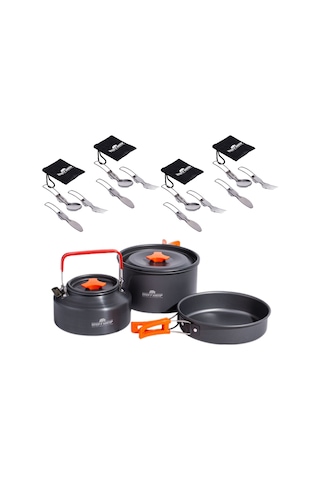 Tencere Tava Çaydanlık Ve 4lü Çatal Kaşık Bıçak Seti TTC-CKB4-2815 Açık Gri