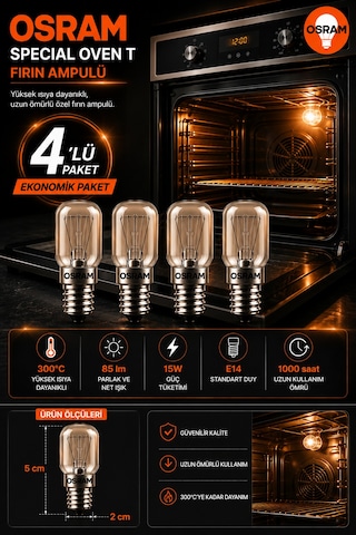 4 Lü Paket 15w E14 Fırın Ampulü 300 C Isıya Dayanıklı Sarı Işık