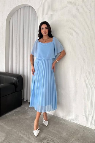 Neşeli Butik Kadın Madonna Yaka Piliseli Şifon Elbise Nbk2099 Bebe Mavisi