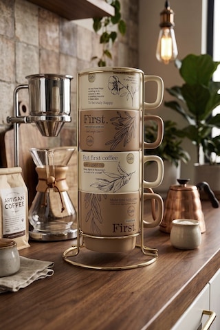 Bistro Metal Standlı 4 Adet Porselen Kupa Seti 200 Ml Kahve Çay Fincanı Takımı Renklı