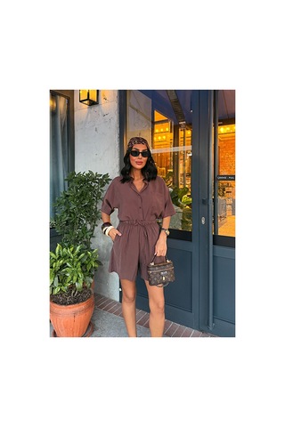 Nido Moda Kadın Cepli Oversize Gömlek Ve Beli Bağcıklı Şort İkili Takım Kahverengi